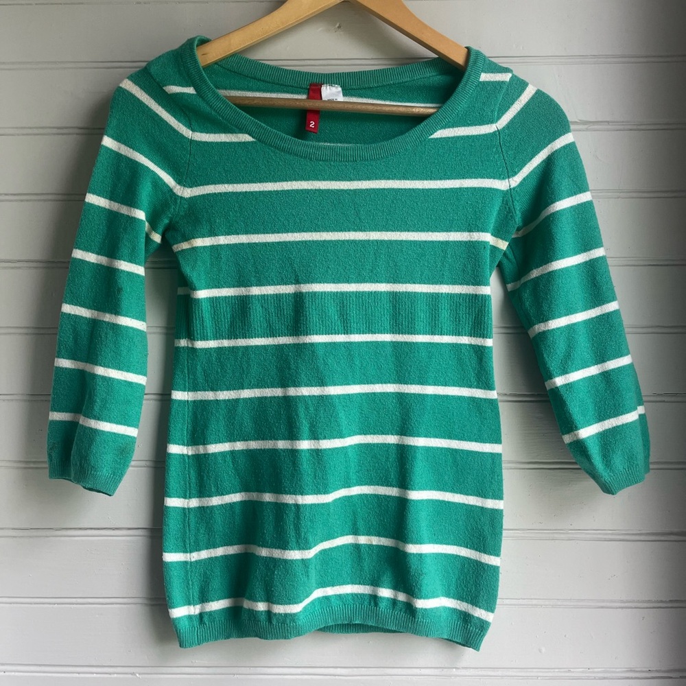 H & M Green and White Striped Boatneck Sweater